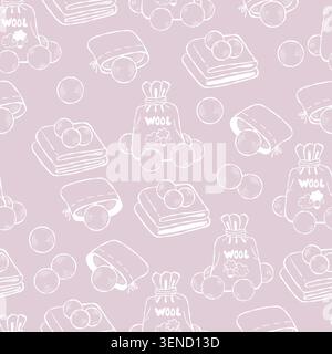 Seamless Pattern with Wool Dryer Spheres. Sustainable Laundry Care Items. Folded Towels and Eco-Friendly Packaging Balls with Sheep on Pink Background Stock Vector