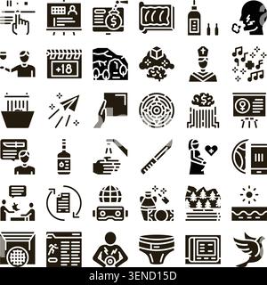 Set of solid design icons illustrating a wide range of subjects including business, technology, health, daily activities, and nature, all presented in Stock Vector