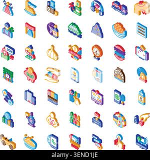 Collection of colorful isometric vector icons representing diverse concepts including business, technology, finance, work, healthcare, services, and d Stock Vector