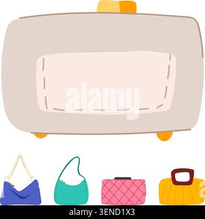 Collection of modern clutch and shoulder bags in assorted colors and styles, flat illustrations on white background showcasing elegant, trendy handbag Stock Vector