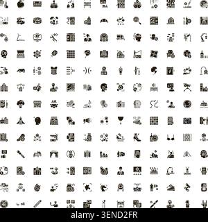 Comprehensive collection of 150 glyph icons representing abstract concepts, professions, health, communication, data, and everyday objects for a wide Stock Vector
