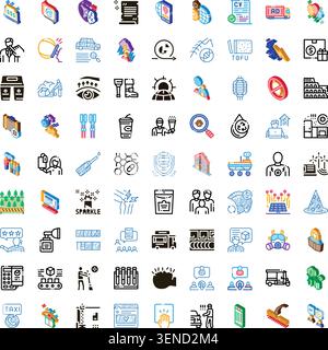 Large set presenting a variety of small icon graphics in both isometric three dimensional and flat linear styles, illustrating diverse concepts from b Stock Vector