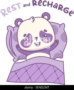 Happy Smiling Panda Bear With Paws Up On Pillow Under Weighted Blanket. Kawaii Cute Cozy Cartoon Animal With Funny Slogan. Vector Illustration Stock Vector