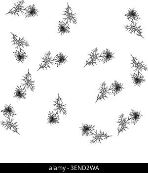 seamless pattern medicine nigella sativa hand drawn. petal caraway, oil plant, asian health medicine nigella sativa black sketch illustration Stock Vector