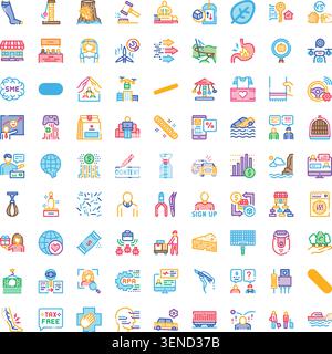 Large collection of diverse flat line icons representing modern business operations, technology concepts, communication, digital services, and various Stock Vector