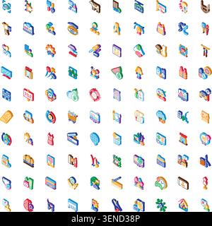 Set of isometric 3d icons collecting diverse themed illustrations, showing different objects and symbols related to business, technology, finance, e c Stock Vector