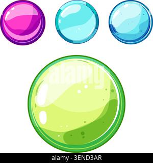 Glossy round buttons provide shiny interface elements for games and digital applications, offering vibrant pink, blue, and green color options for var Stock Vector