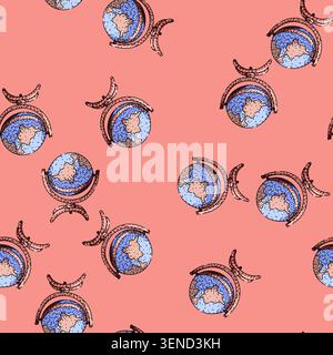pattern Hand drawing of a spinning earth globe with continents on a stand, symbolizing global travel, education, discovery, and international communic Stock Vector