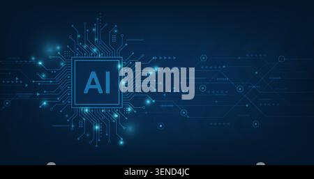Modern artificial intelligence technology concept featuring AI processor chip, glowing digital circuit connections, data network interface, futurstic Stock Vector