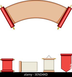 Various designs of aged paper scrolls and decorative red banners offer copy space for text, conveying concepts of announcement, tradition, and communi Stock Vector