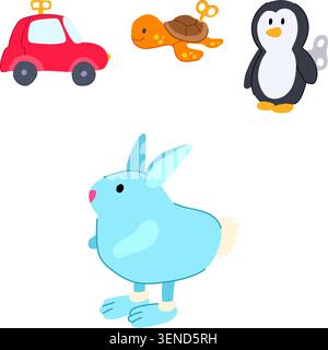 Cartoon wind up toys, vintage car, turtle, penguin and rabbit in a colorful flat style on white background evoking childhood play, simple mechanics an Stock Vector