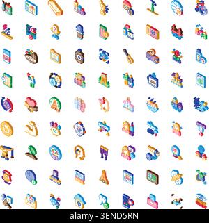 Colorful isometric icon set on white background depicting business, health, technology, social and everyday objects for modern life, innovation, finan Stock Vector