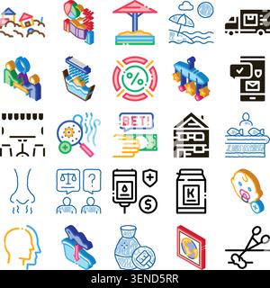 Diverse set of minimal isometric and outline icons representing business, education, health, tech, logistics, travel and leisure for web, app and info Stock Vector