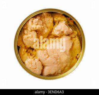 Cod liver in its own natural fat is opened and displayed from a top down perspective on a clean white background, a premium canned seafood piece, not Stock Photo