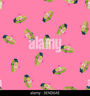 pattern green dog collar with pink polka dots, black buckle, metal d ring and dangling pink heart tag playful pet accessory for walking, training and Stock Vector