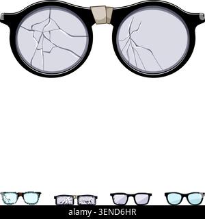 Broken vintage spectacles with cracked lenses and a taped bridge representing concepts of damage, repair, vision impairment, and a classic or nerdy ae Stock Vector