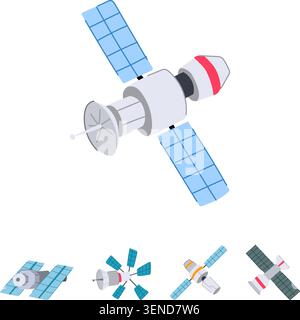 Artificial satellites with solar panels are depicting advanced space technology, enabling global communication, broadcasting, data transmission, and e Stock Vector
