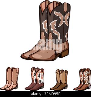 Collection of traditional cowboy boots showcasing different styles, colors, and decorative stitching, representing a variety of leather footwear desig Stock Vector