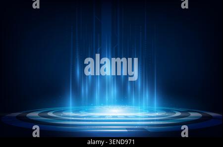 Abstract futuristic technology background featuring a glowing blue holographic platform with vertical digital light beams, particle effects, Stock Vector