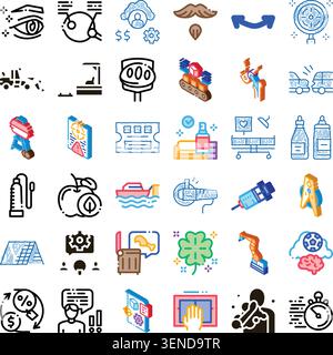 Colorful and monochrome cartoon style icon set depicting business, medical, science, technology, hobby and everyday concepts in a clean, isolated desi Stock Vector