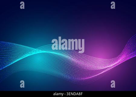Dynamic futuristic background featuring flowing particle waves formed by luminous blue and magenta dots on a dark gradient backdrop. Stock Vector