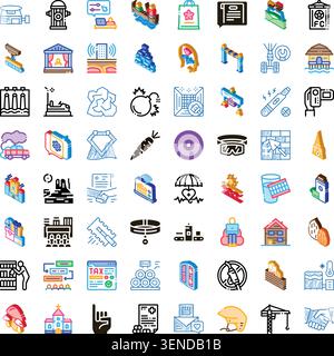 Collection of different isometric and outlined symbols representing a wide range of everyday objects, digital interfaces, technology, activities, and Stock Vector