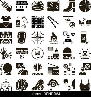 Set of various black glyph icons depicting concepts such as technology, communication, nature, health, activities, and everyday objects, all isolated Stock Vector