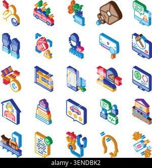 Isometric icons illustrating various services and business concepts including transportation, healthcare, finance, property, and entertainment, repres Stock Vector