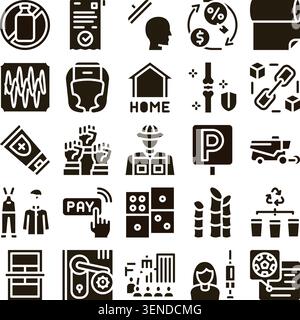 Diverse collection of abstract and conceptual glyph icons illustrating various themes from business, technology, social issues, and daily life, creati Stock Vector
