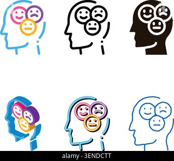 simplified Different Mood Smile In Man Silhouette Mind Vector Icon Thin Line. Gear And Brain, Heart And Shield, Padlock And Magnifier Stock Vector