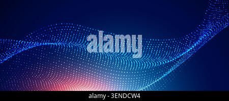Modern technology background featuring a flowing wave of glowing blue particles on a dark gradient backdrop. The dynamic dotted mesh creates a sense Stock Vector