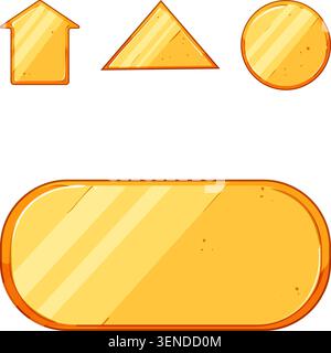 Golden colored buttons in various shapes, including an arrow, triangle, circle, and rounded rectangle, providing shiny graphic elements for user inter Stock Vector