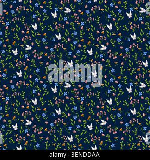 Wildflowers (blue, pink, orange) and butterflies. Watercolor illustration. Seamless pattern of meadow flowers, isolated on background. Suitable for po Stock Photo