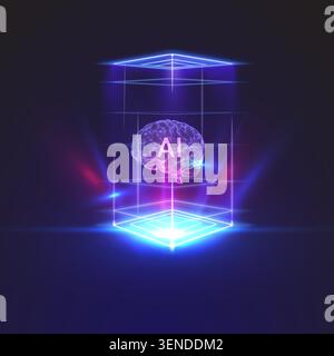 Futuristic artificial intelligence concept featuring a glowing AI brain hologram suspended inside a neon digital cube with vibrant blue and purple lig Stock Vector