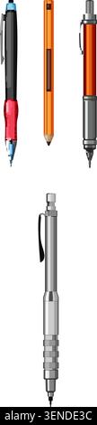 Different types of pens, pencils, and precision mechanical pencils displayed vertically, ready for drawing, writing, and drafting tasks on a plain whi Stock Vector