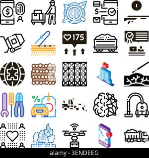 Collection of various glyph icons illustrating different aspects of modern business, technology, social concepts, industry, and construction on a clea Stock Vector