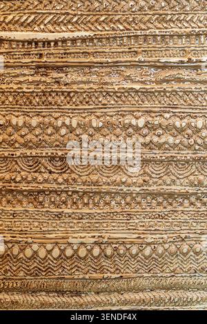 Decorative Hand Carved Wood Texture with Ornamental Pattern, Rustic Wooden Relief Background Stock Photo