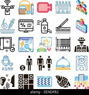 Collection of conceptual flat line icons representing various themes including drones. Online shopping. Security. Real estate. Beauty. Communication. Stock Vector