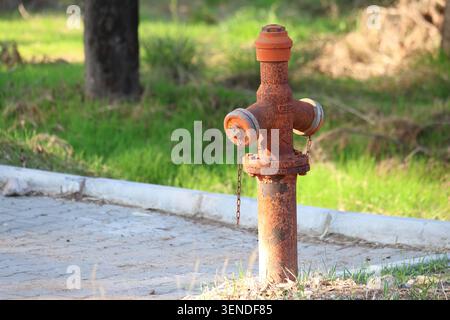 red fire hydrant in the street Stock Photo
