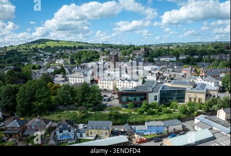Editorial BRECON, UK - JUNE 08, 2026: Aerial view of the historic Brecon Market Town in Powys, South Wales showing St Mary's Church, Brecon Cathedral Stock Photo