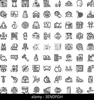 Conceptual line art icons representing various themes including business operations, financial processes, technology innovations, and everyday life si Stock Vector