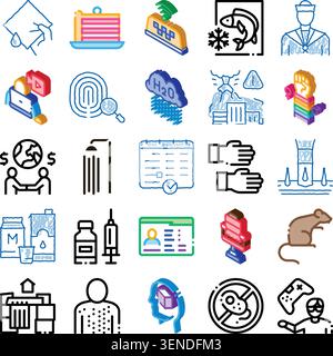 Set of various conceptual icons illustrating different aspects of modern life, including technology, finance, health, personal care, and social issues Stock Vector