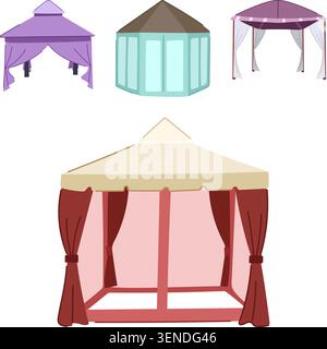 Various decorative garden gazebos, canopies, and outdoor tents providing shade and shelter for events, relaxation, and backyard entertaining on a whit Stock Vector