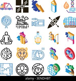 Collection of different icons representing diverse abstract concepts, including transportation, finance, environment, health, sports, and well being, Stock Vector