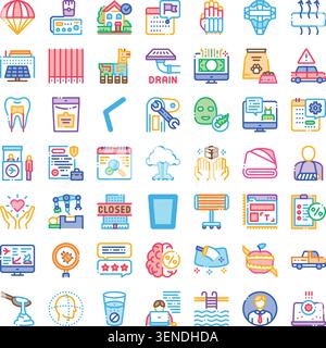 Colorful line icon set covering health, tech, finance, travel, real estate and everyday services modern flat outline pictograms for web, app and print Stock Vector