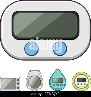 Stylized set of digital timers and meters for shower, kitchen and daily routines, featuring displays, buttons and water drop icons for measuring, cont Stock Vector