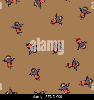 seamless pattern harvest scarecrow cartoon. scare pumpkin, november autumn, protection face harvest scarecrow sign vector Stock Vector