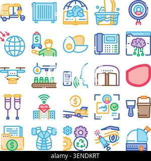 Collecting various modern technology, business, transport, and science concepts in a vibrant grid of flat design linear icons, illustrating diverse se Stock Vector