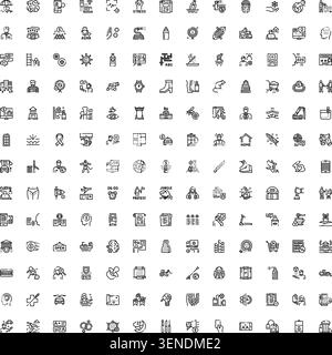 Large collection of minimal black and white flat line icons illustrating a wide range of everyday objects, various actions, diverse concepts, and huma Stock Vector