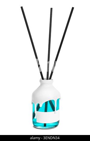 Light blue liqiud aroma diffuser jar isolated on white background Stock Photo